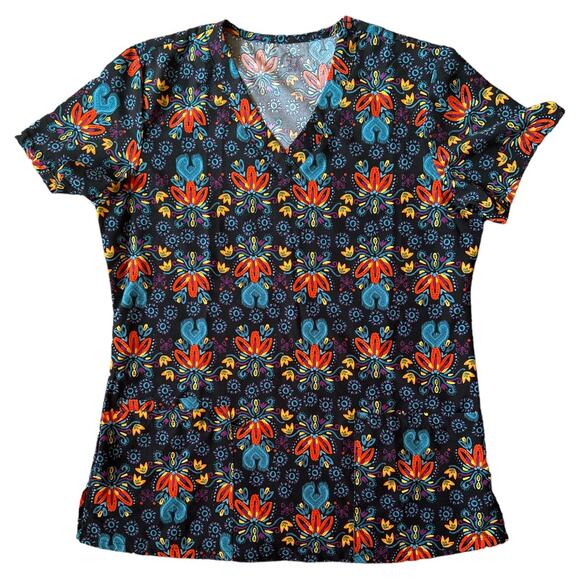 GT Performnce Black Printed V Neck Scrubs Top, S - Picture 1 of 4